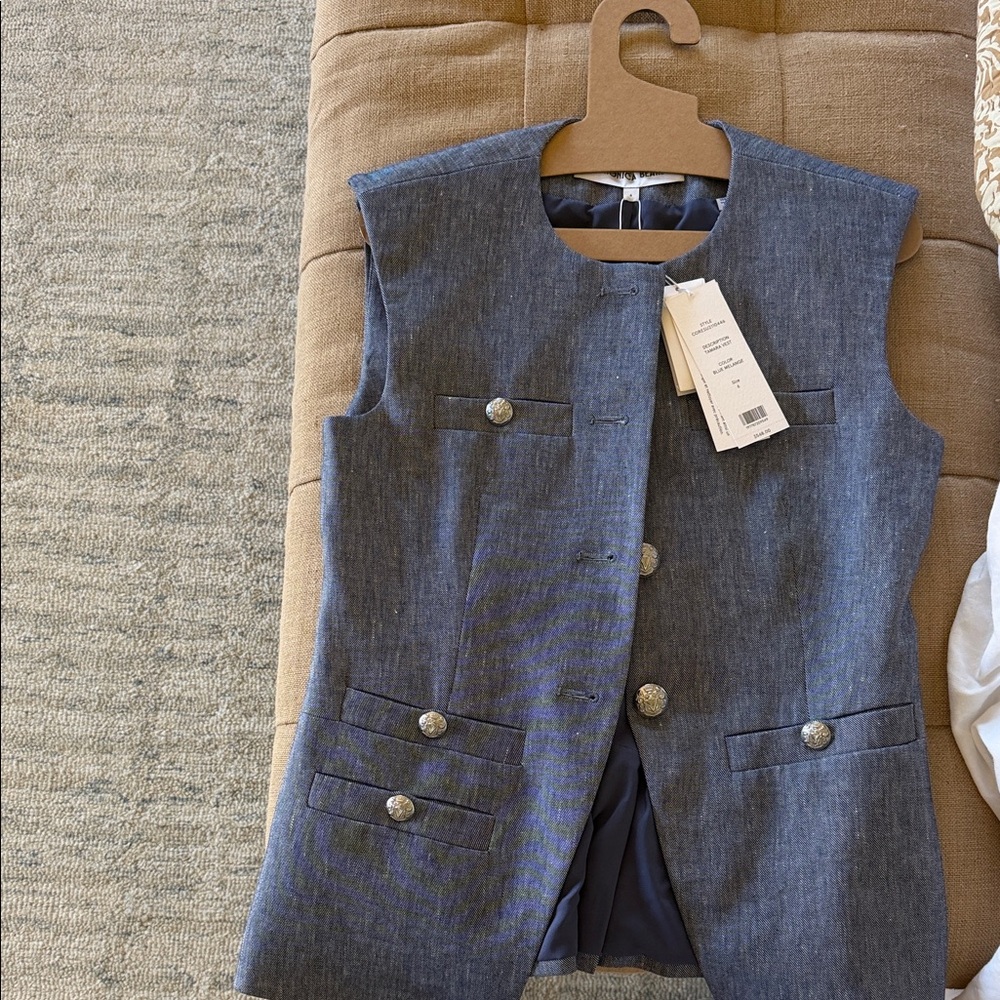 Veronica Beard Denim Blue Sleeveless Vest with Decorative Buttons